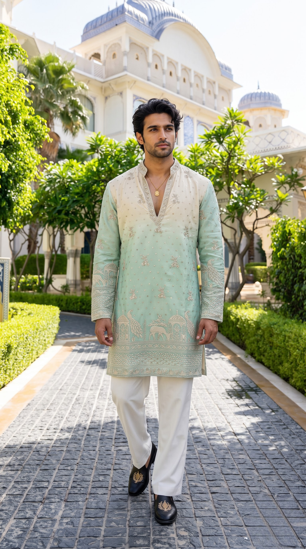 Mint Ivory Heritage Embroidered Kurta