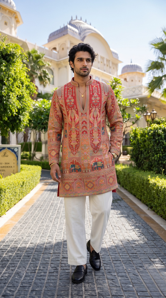 Coral Heritage Tapestry Embroidered Kurta