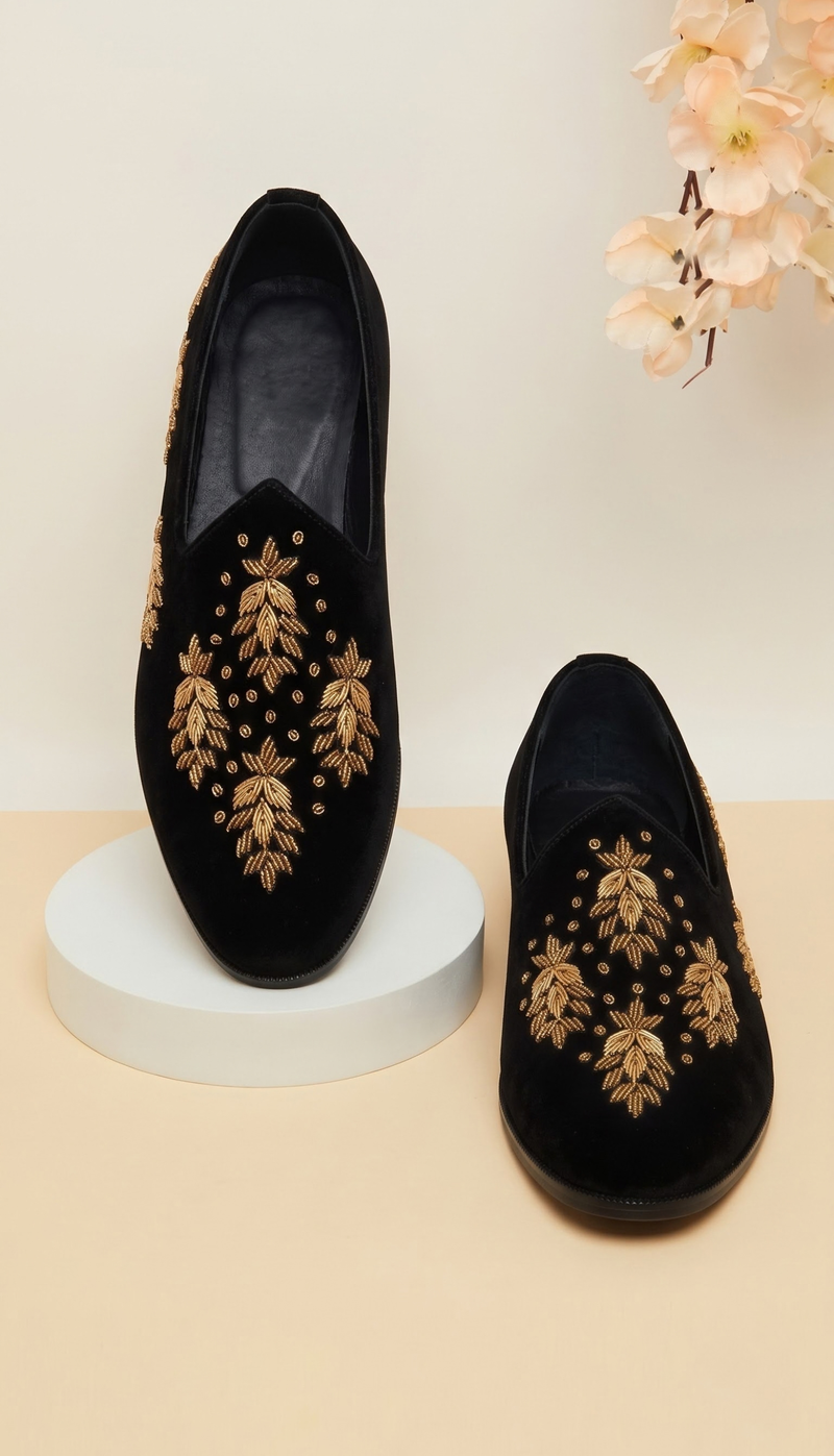 Black Gold Leaf Velvet Loafers