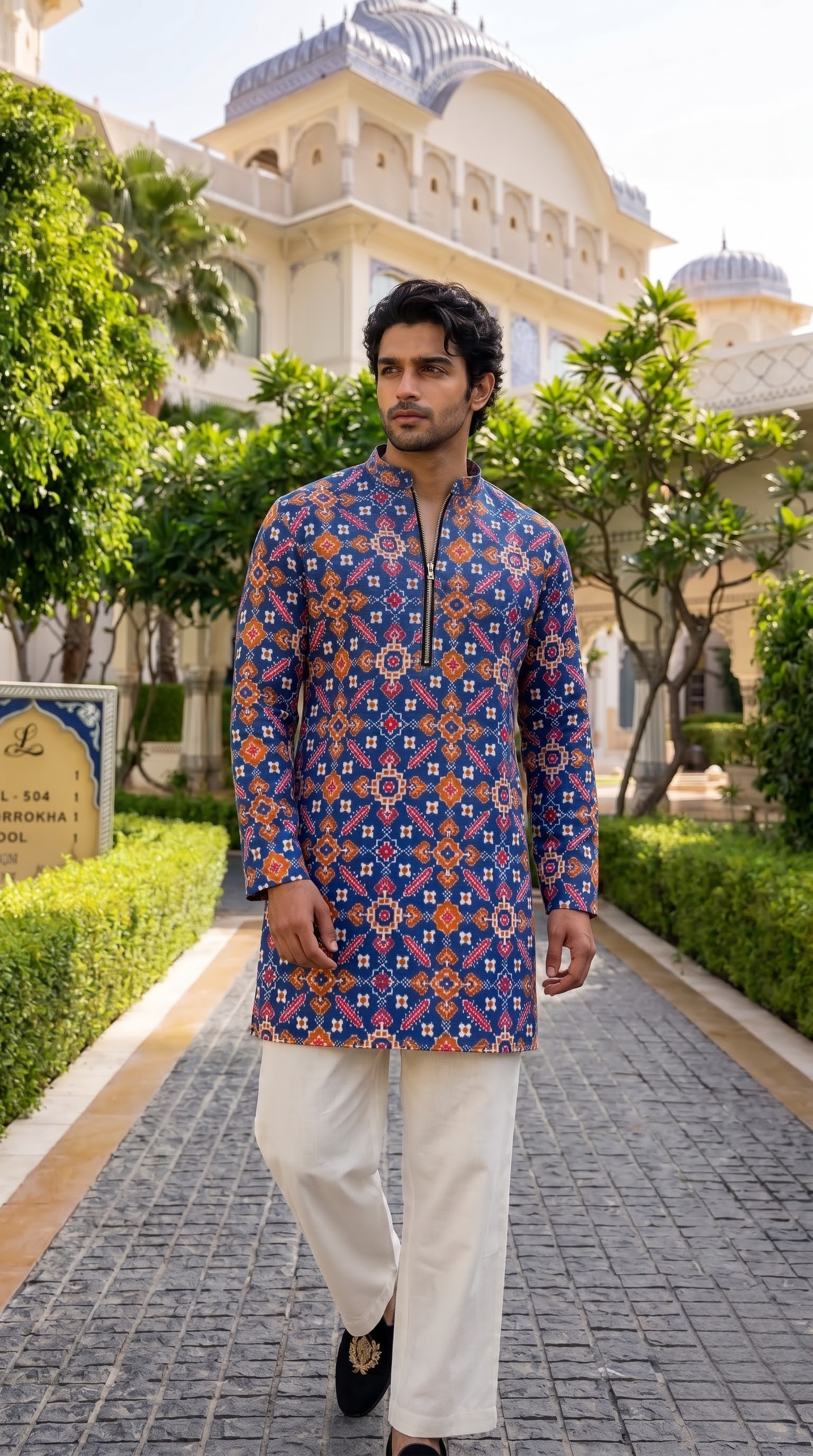 Royal Blue Geometric Heritage Printed Kurta