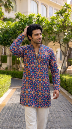 Royal Blue Geometric Heritage Printed Kurta