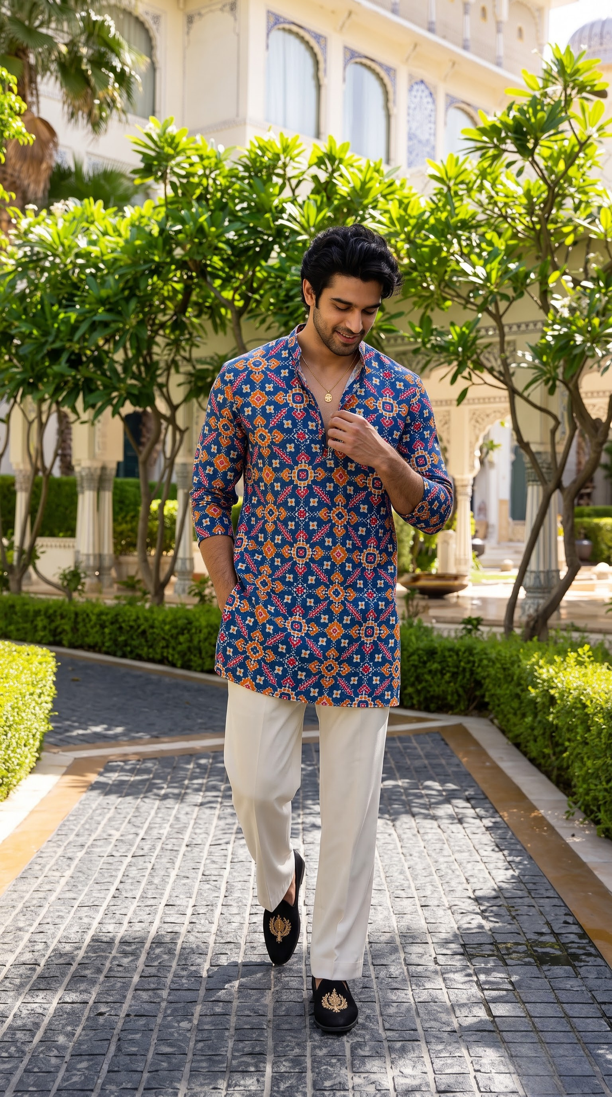 Royal Blue Geometric Heritage Printed Kurta