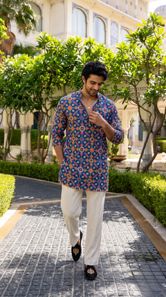 Royal Blue Geometric Heritage Printed Kurta
