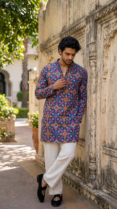 Royal Blue Geometric Heritage Printed Kurta