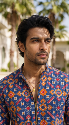 Royal Blue Geometric Heritage Printed Kurta