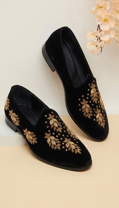 Black Gold Leaf Velvet Loafers