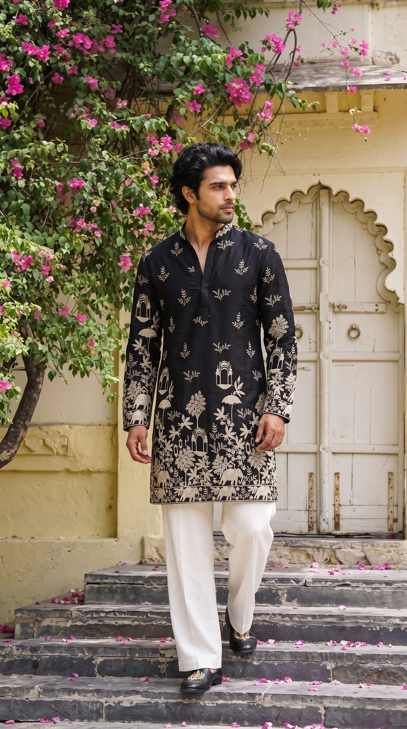 Black Floral & Heritage Embroidered Kurta