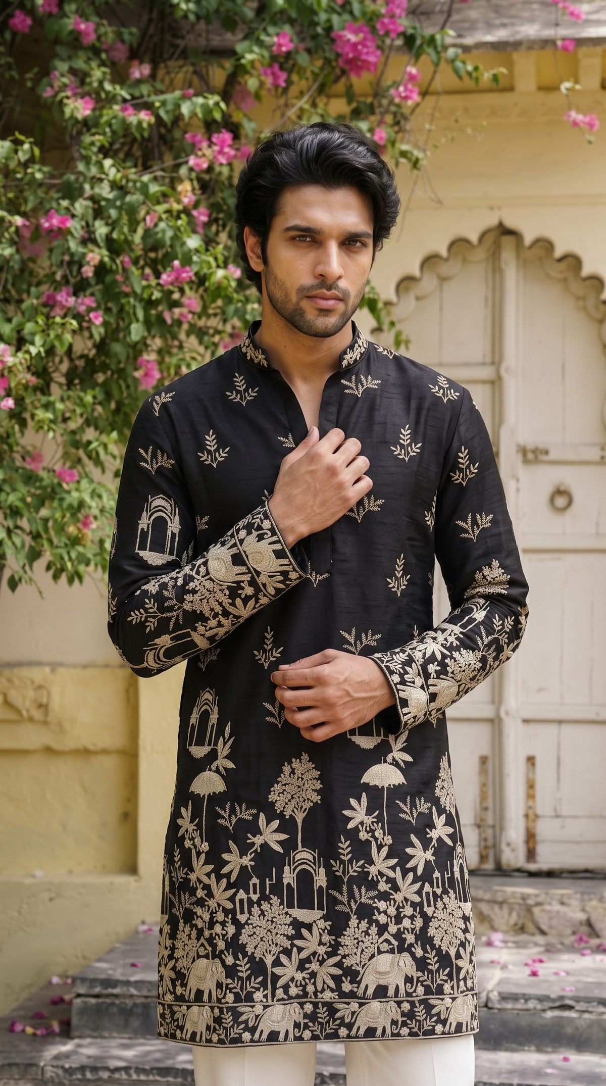 Black Floral & Heritage Embroidered Kurta