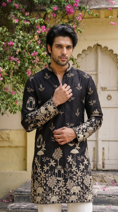 Black Floral & Heritage Embroidered Kurta