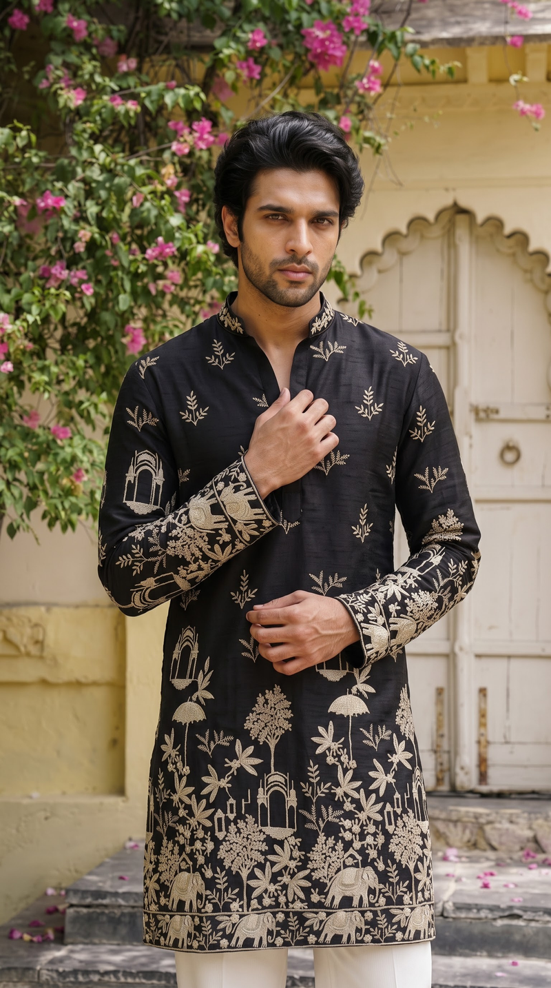 Black Floral & Heritage Embroidered Kurta