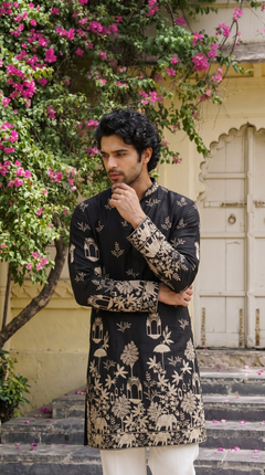 Black Floral & Heritage Embroidered Kurta