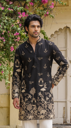 Black Floral & Heritage Embroidered Kurta