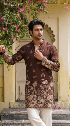 Chocolate Brown Heritage Embroidered Kurta