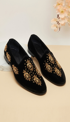Black Gold Leaf Velvet Loafers