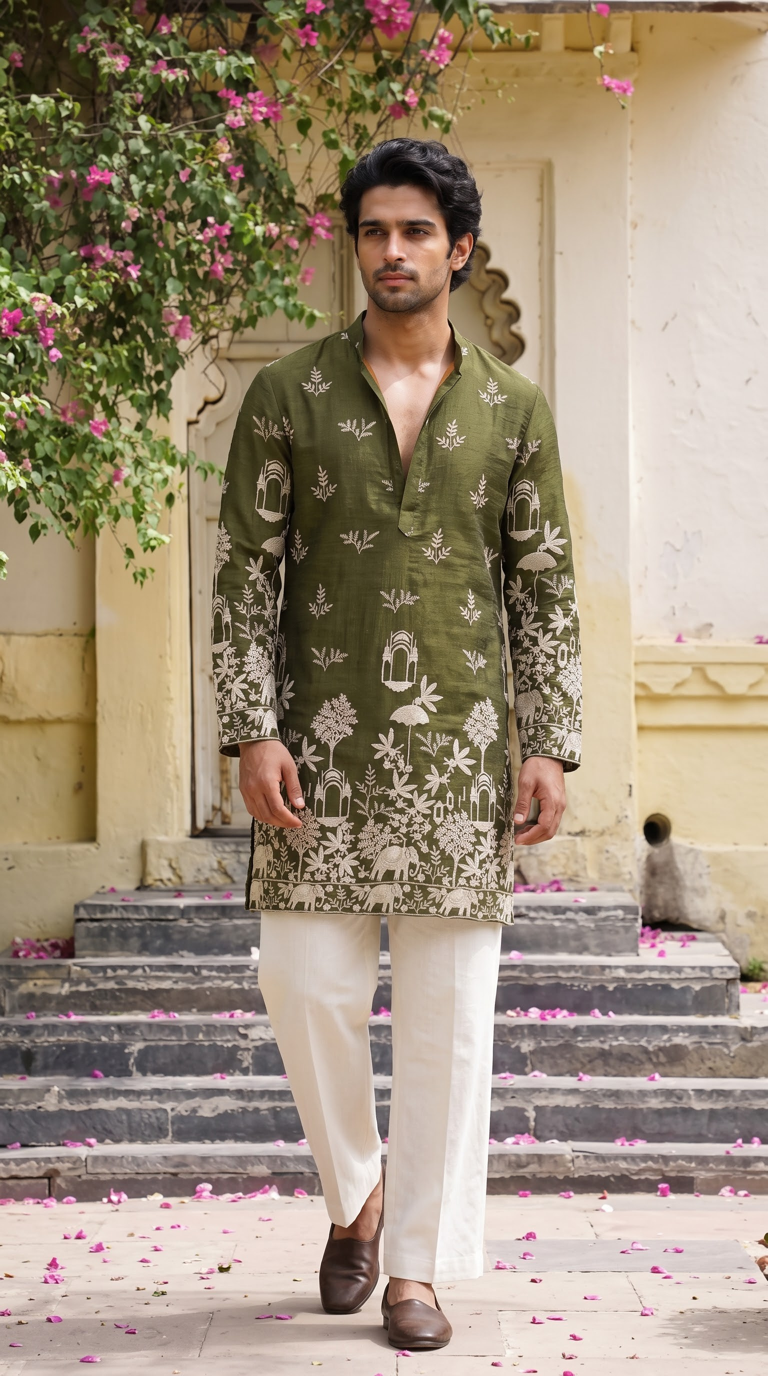 Olive Green Heritage Embroidered Kurta