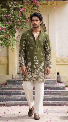 Olive Green Heritage Embroidered Kurta