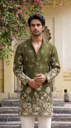 Olive Green Heritage Embroidered Kurta