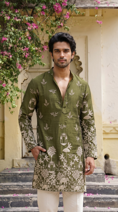Olive Green Heritage Embroidered Kurta