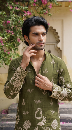 Olive Green Heritage Embroidered Kurta