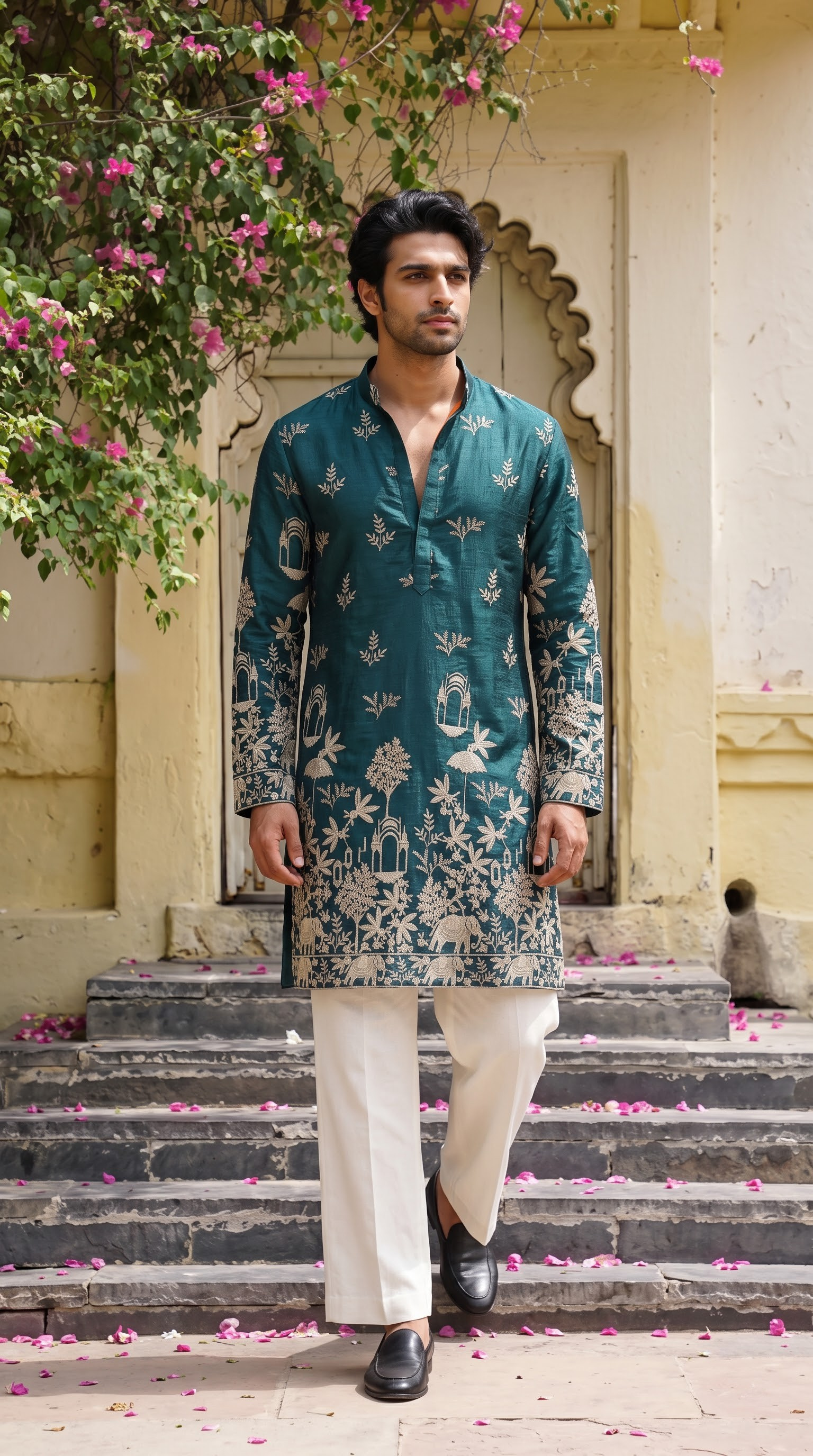 Teal Blue Heritage Embroidered Kurta