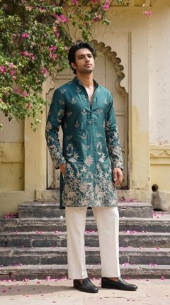 Teal Blue Heritage Embroidered Kurta