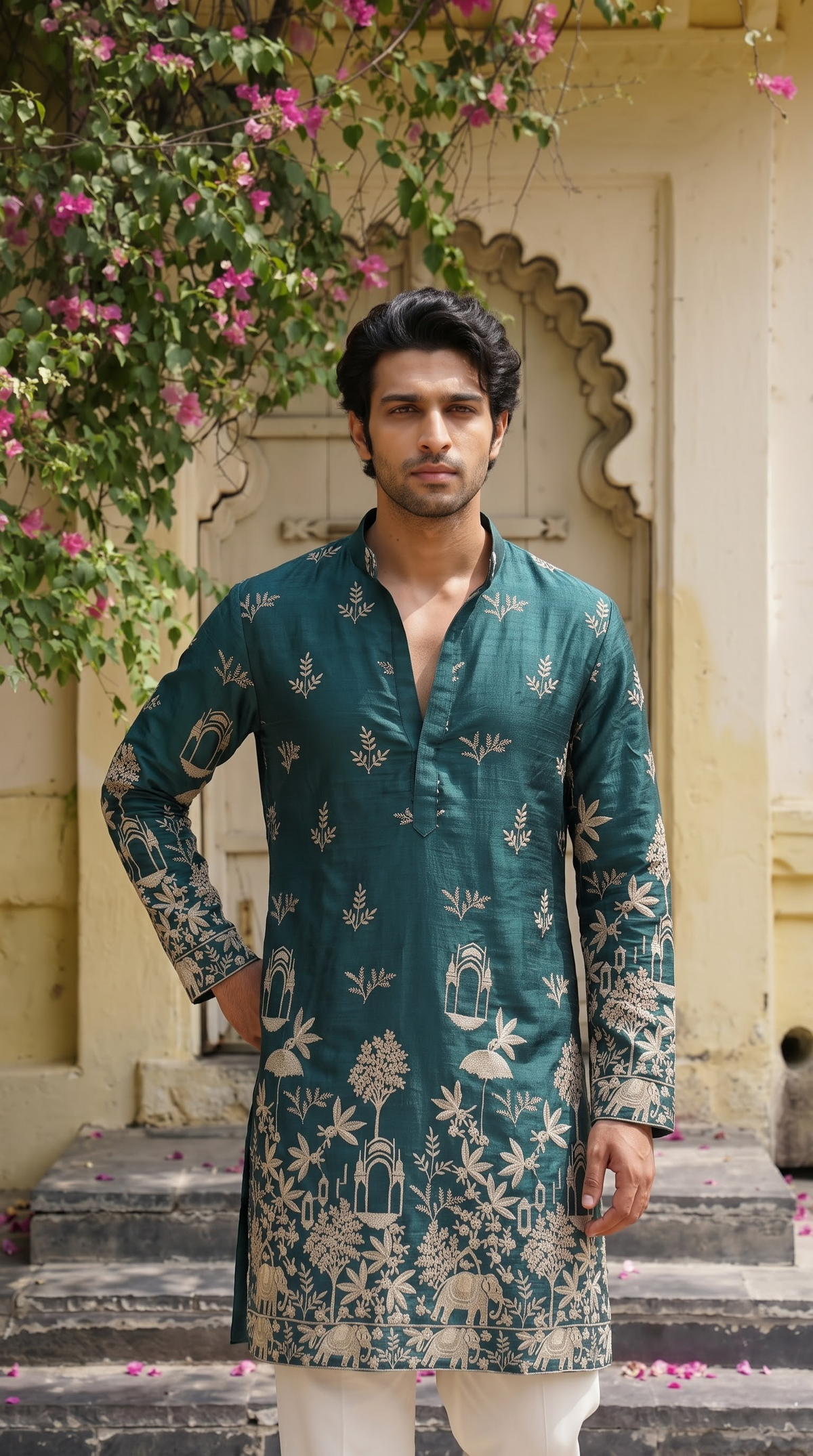 Teal Blue Heritage Embroidered Kurta