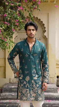 Teal Blue Heritage Embroidered Kurta