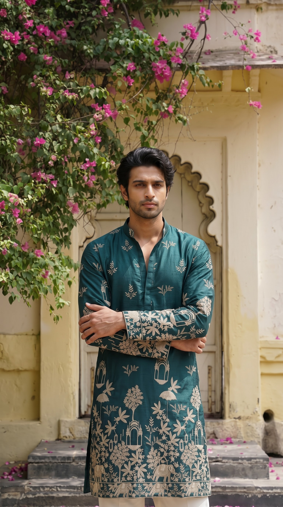 Teal Blue Heritage Embroidered Kurta