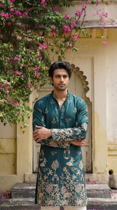 Teal Blue Heritage Embroidered Kurta
