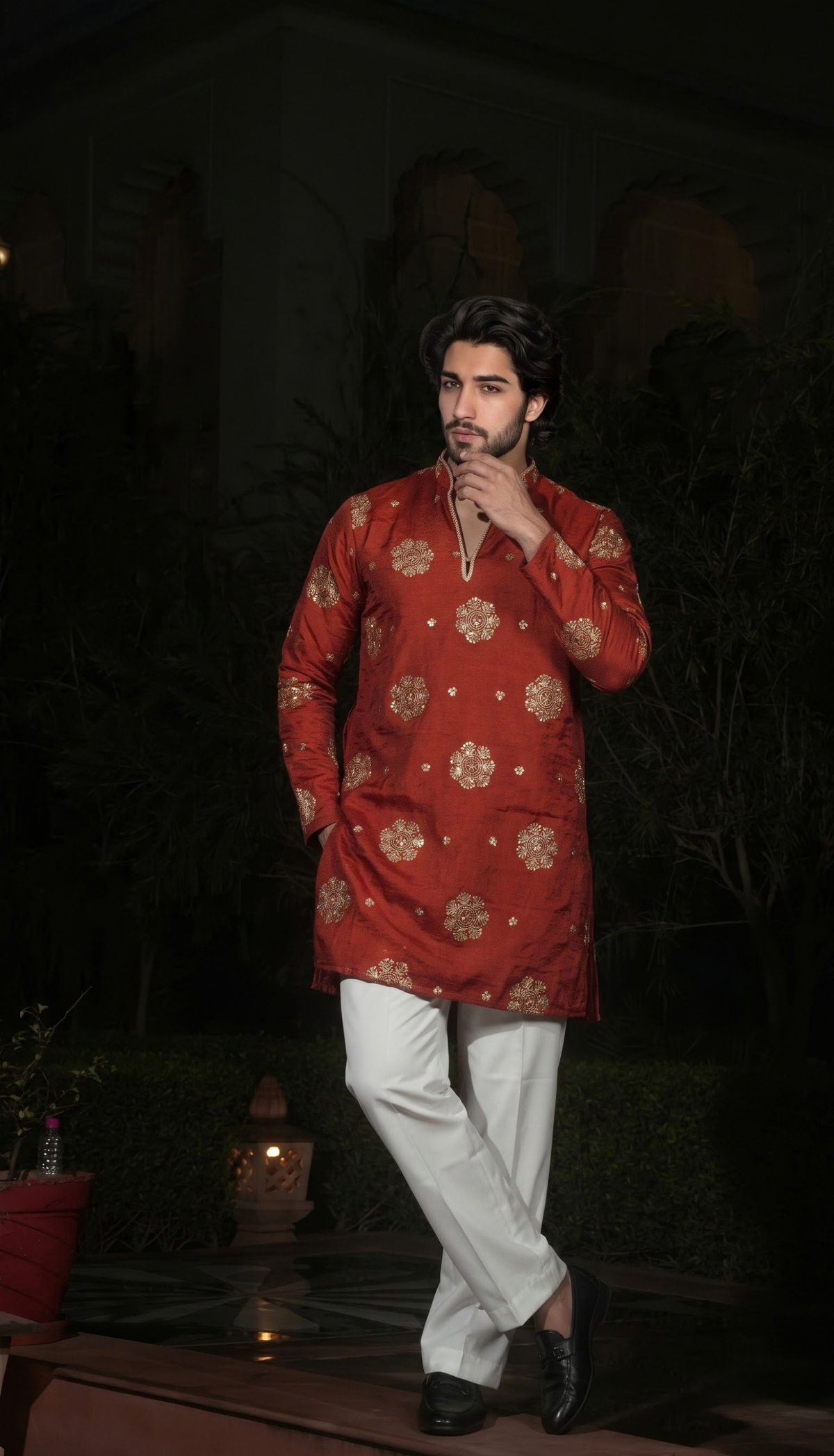 Rust Red Gold Motif Kurta