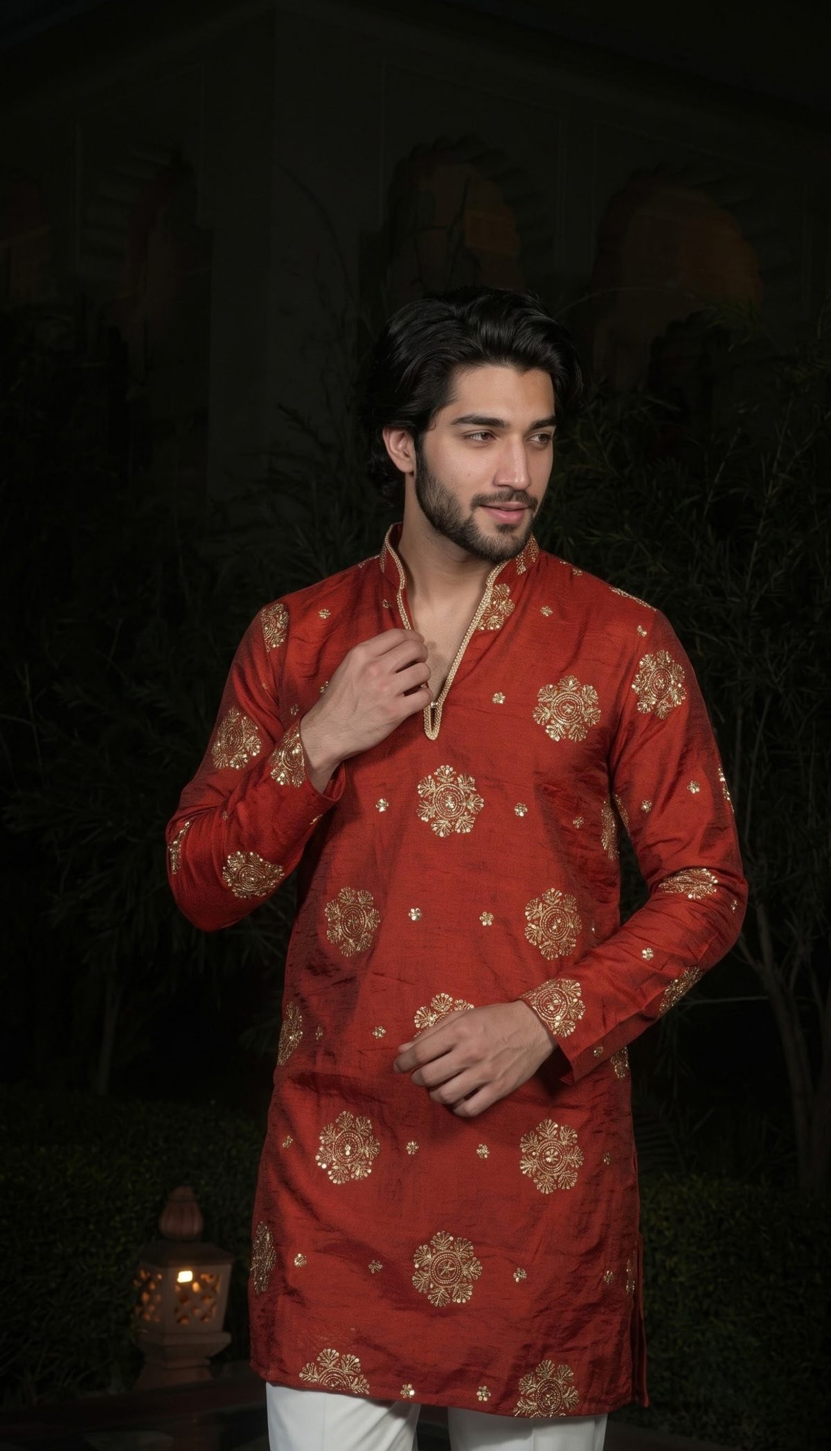 Rust Red Gold Motif Kurta