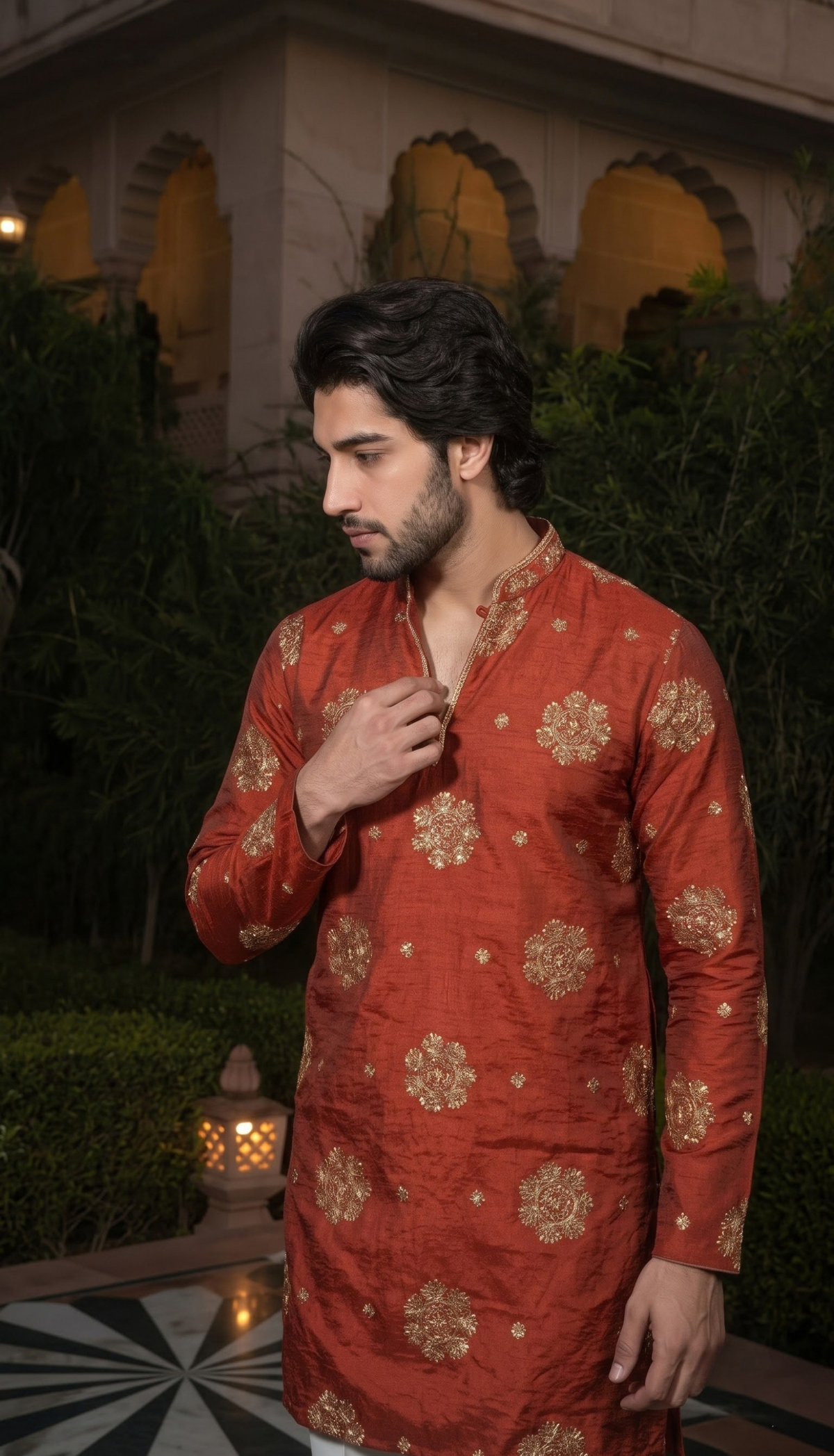 Rust Red Gold Motif Kurta