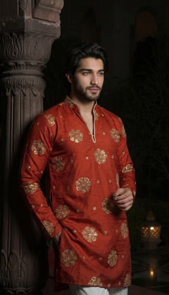 Rust Red Gold Motif Kurta