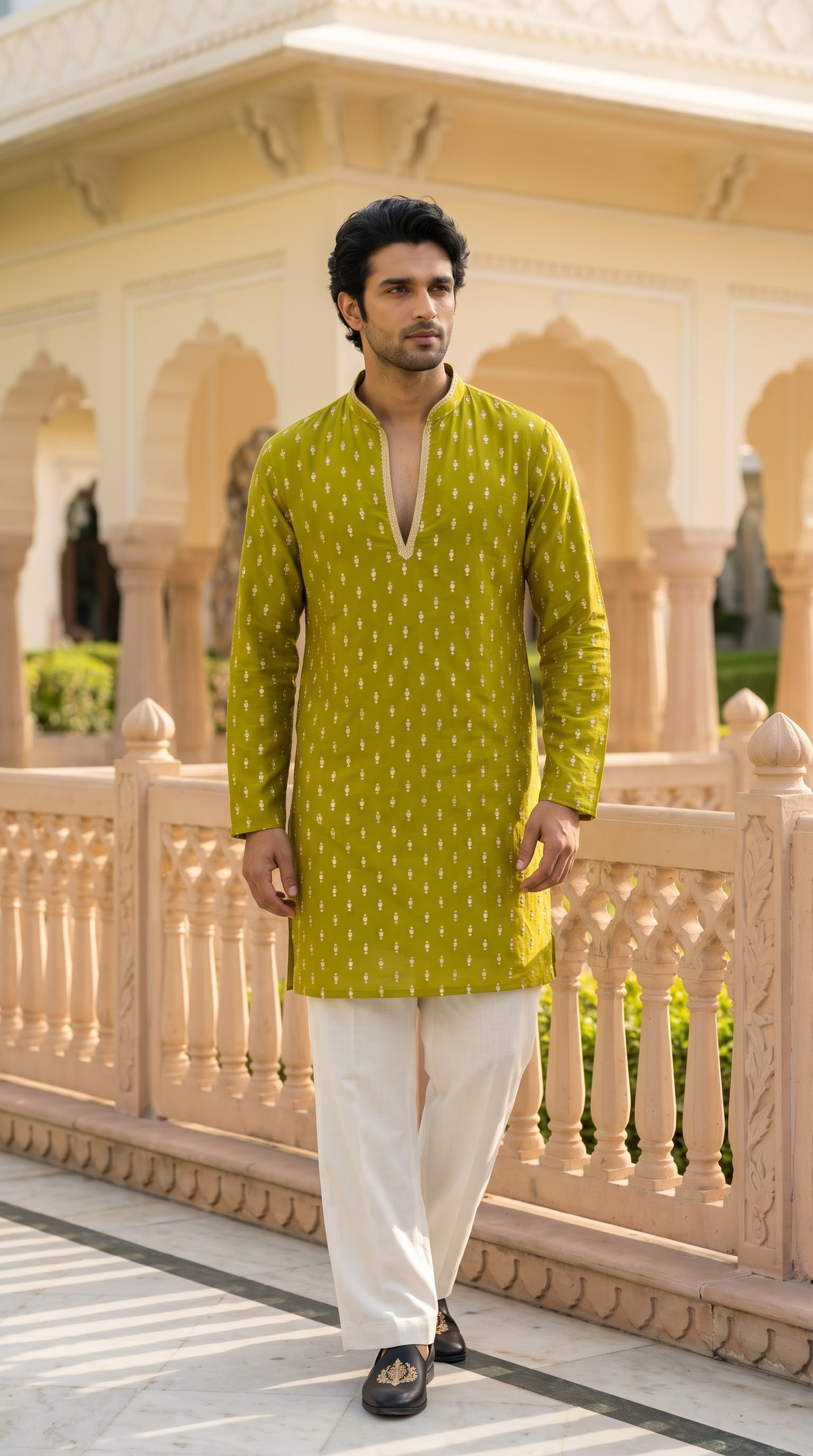 Olive Green Embroidered Kurta