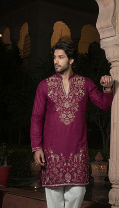 Wine Gold Motif Kurta