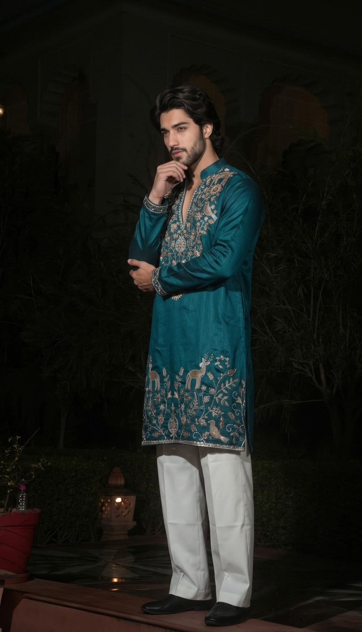 Teal Blue Gold Motif Kurta