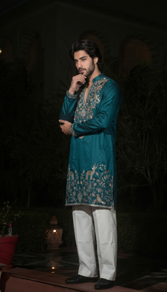Teal Blue Gold Motif Kurta