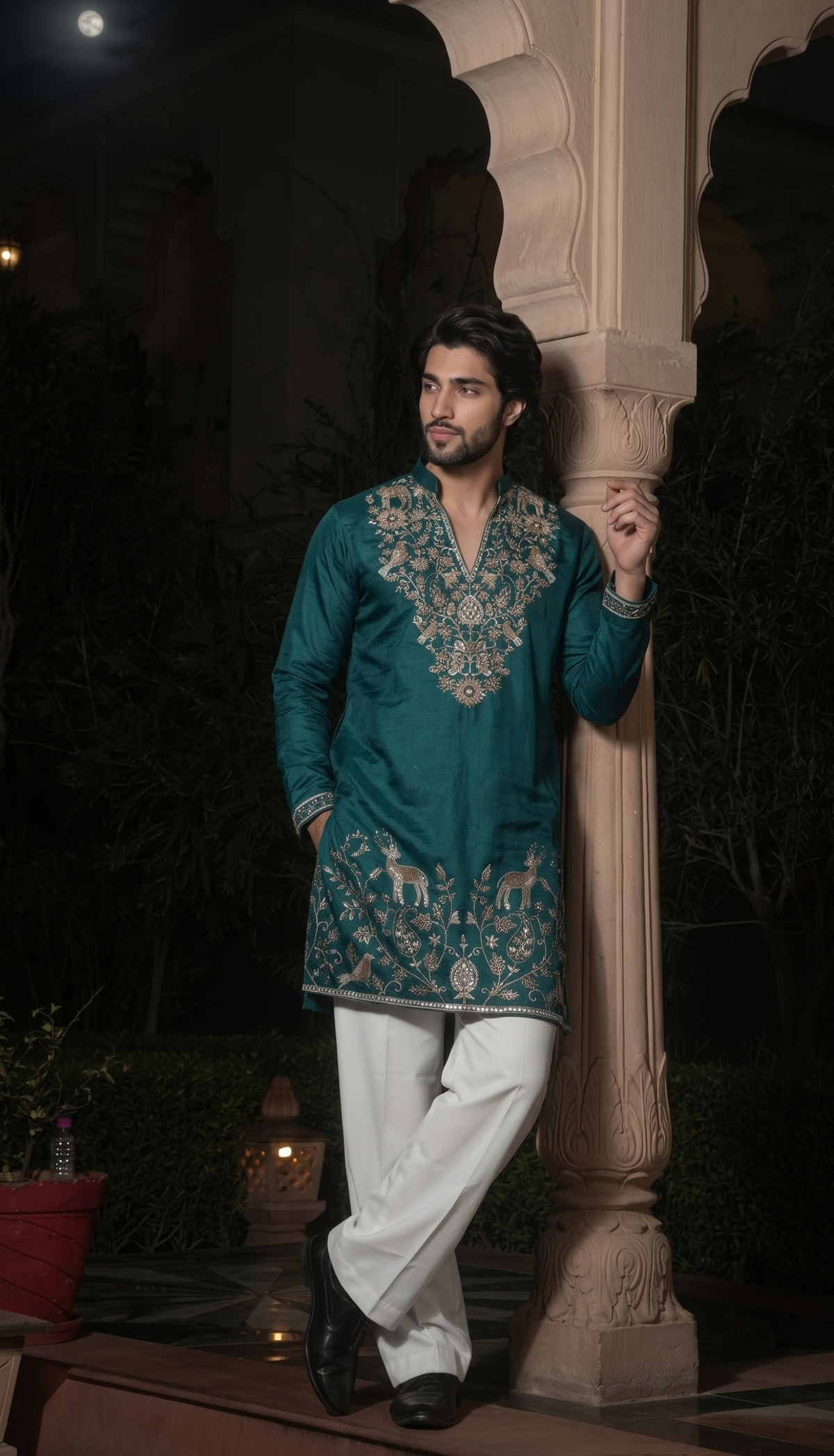 Teal Blue Gold Motif Kurta