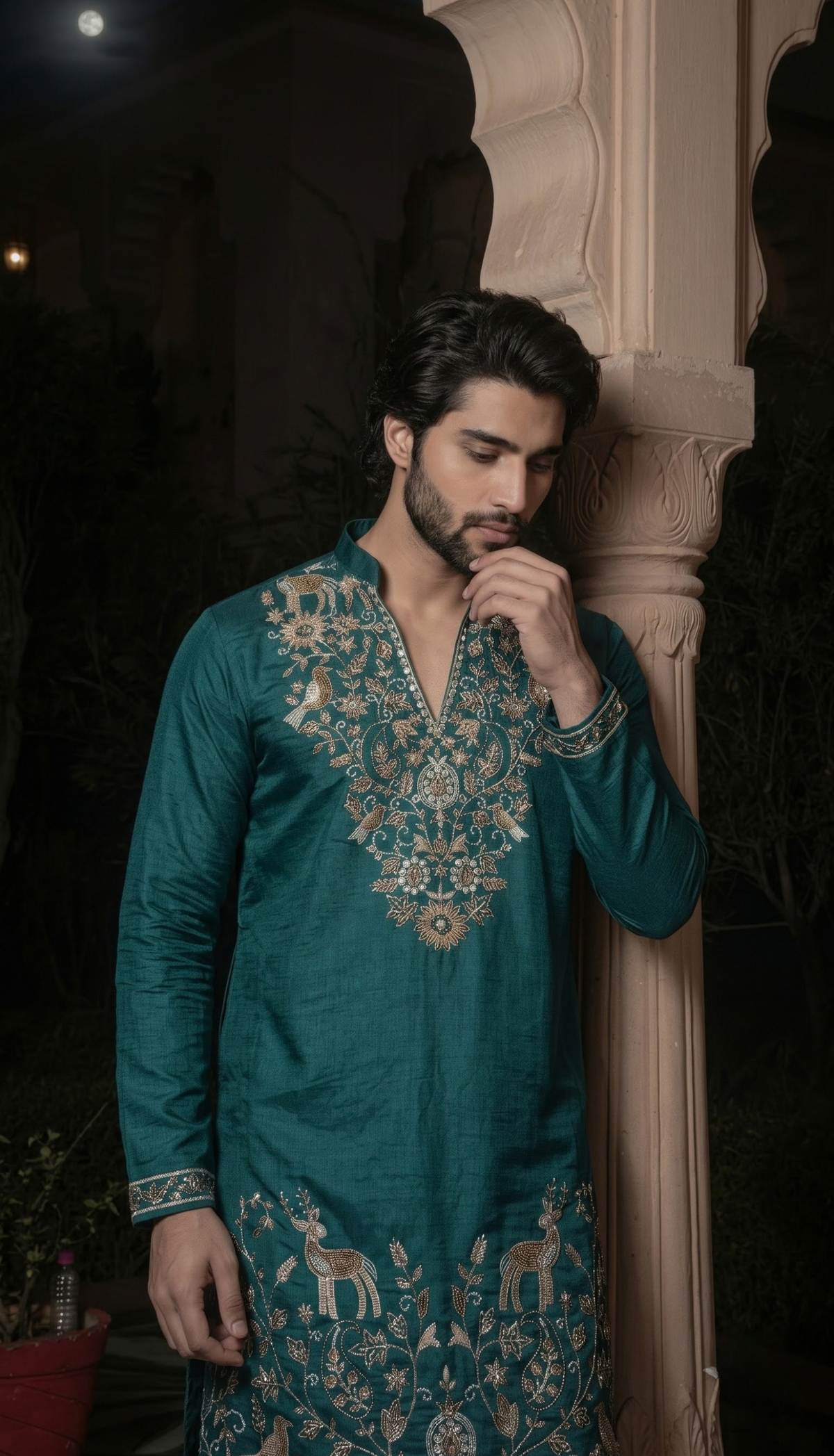 Teal Blue Gold Motif Kurta