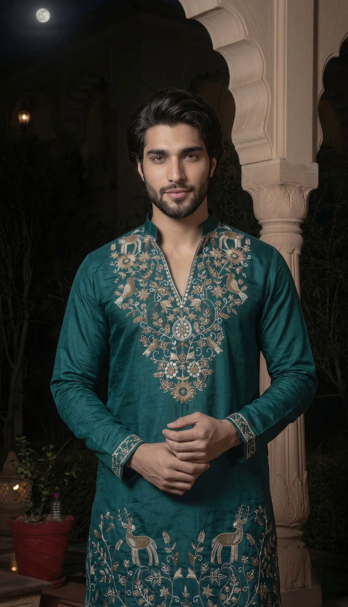 Teal Blue Gold Motif Kurta