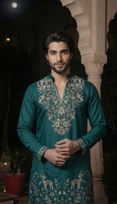 Teal Blue Gold Motif Kurta