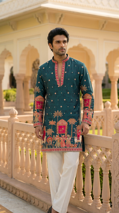 Teal Green Heritage Embroidered Kurta