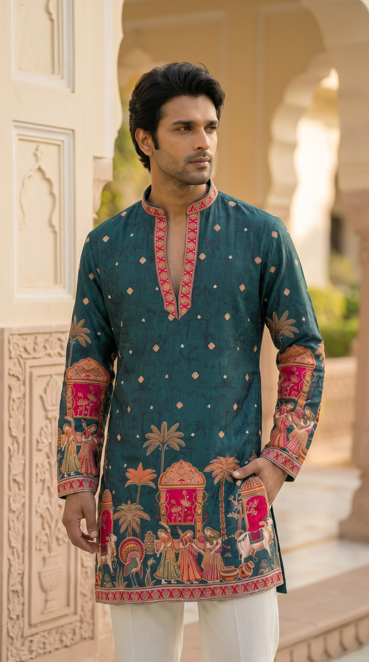 Teal Green Heritage Embroidered Kurta