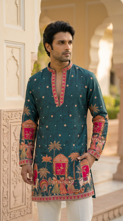 Teal Green Heritage Embroidered Kurta