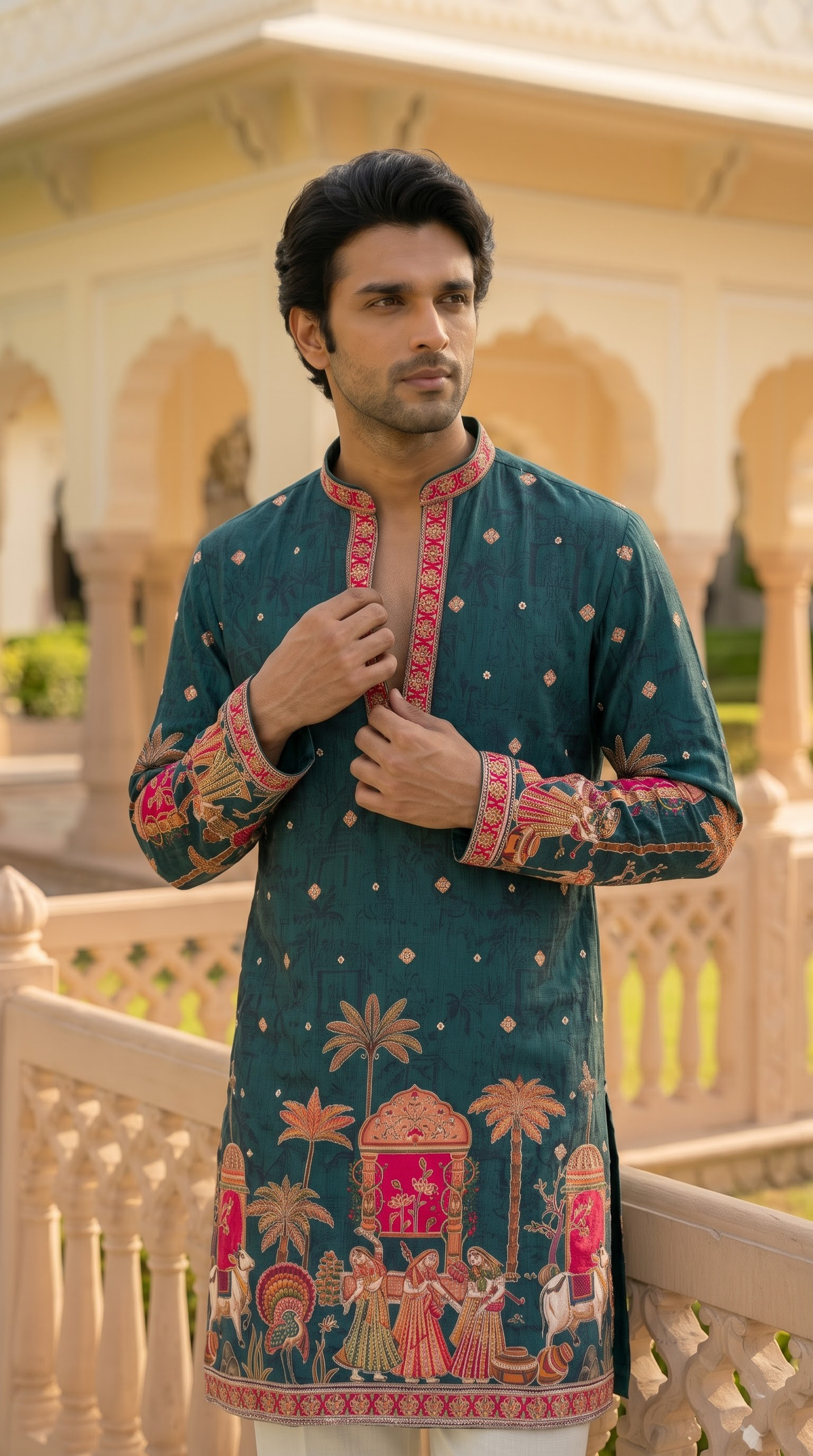 Teal Green Heritage Embroidered Kurta