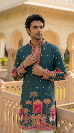 Teal Green Heritage Embroidered Kurta