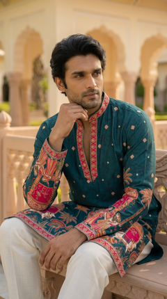 Teal Green Heritage Embroidered Kurta