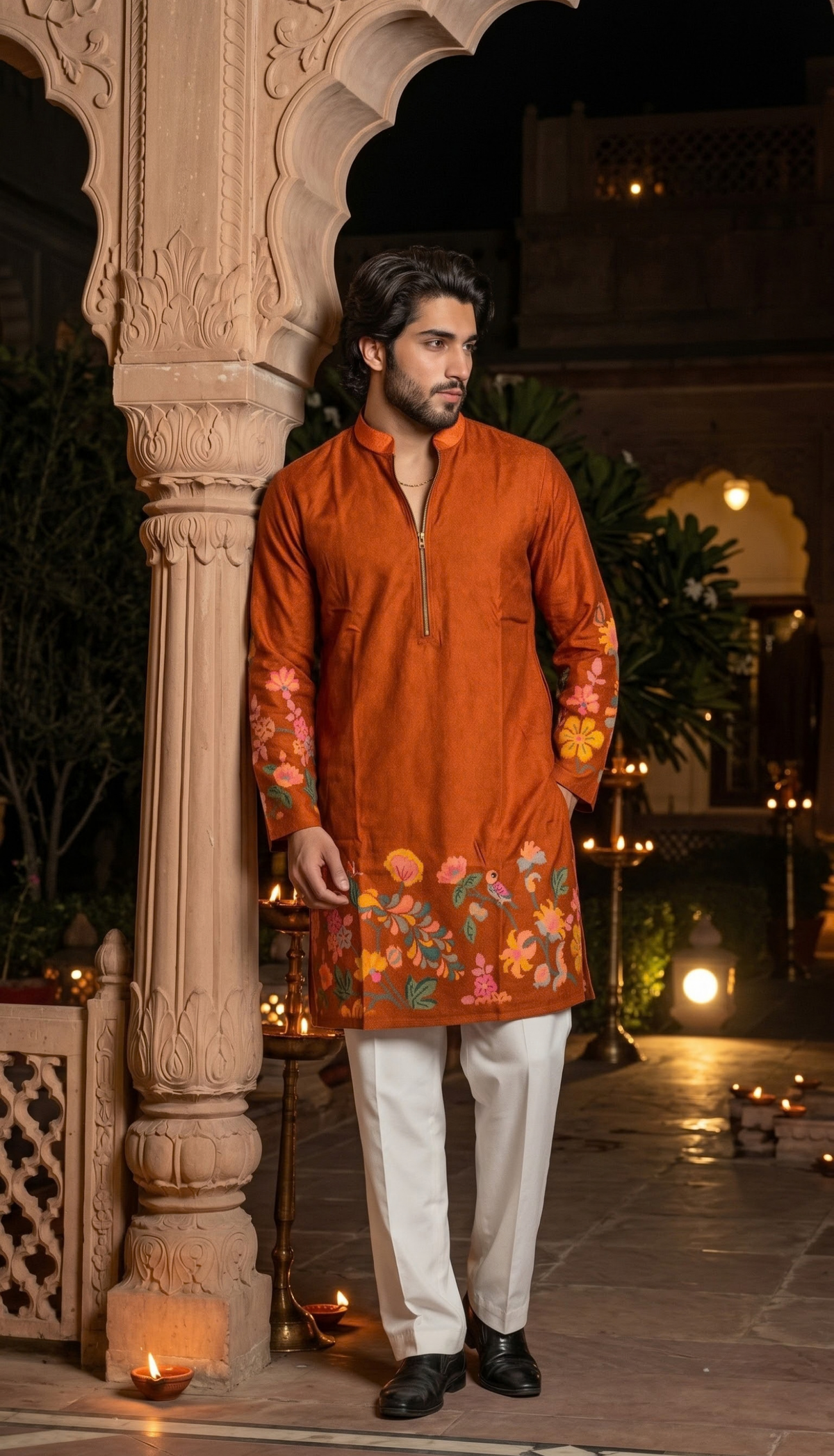 Rust Orange Floral Kurta