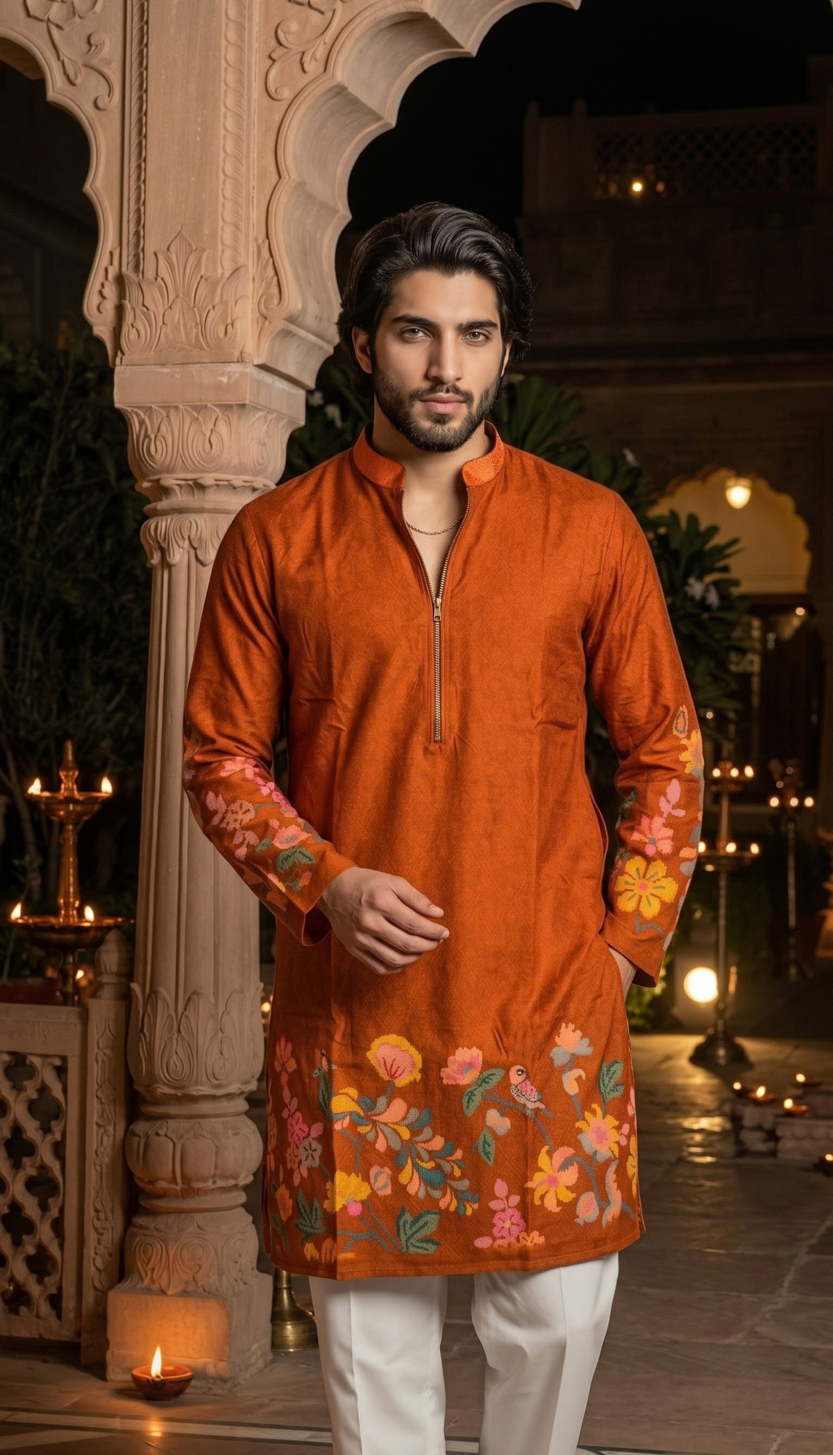 Rust Orange Floral Kurta