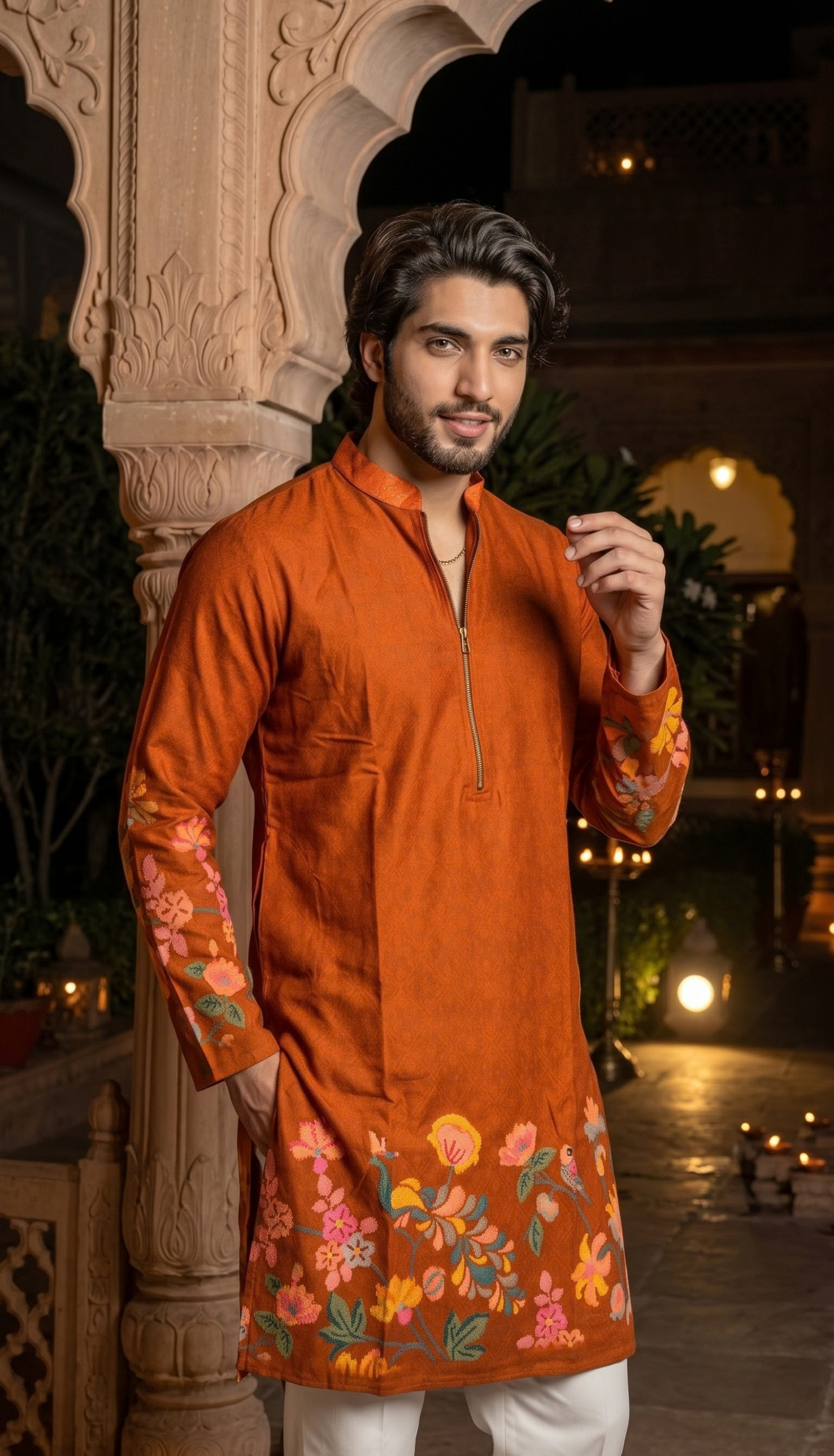 Rust Orange Floral Kurta